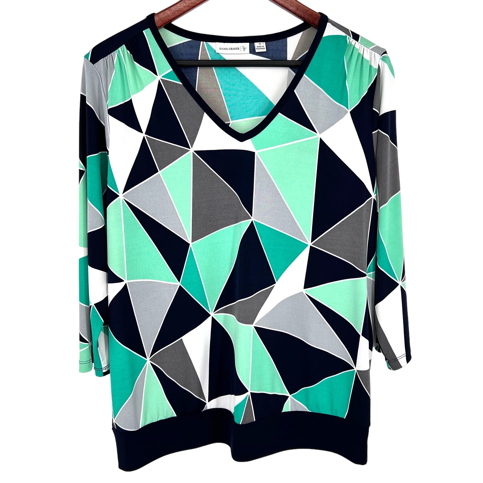 New Nwot Susan Graver Black Green Geometric Artsy Blouse Shirt Top Business